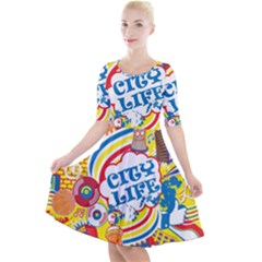 Colorful City Life Horizontal Seamless Pattern Urban City Quarter Sleeve A-line Dress With Pockets