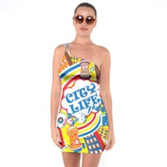 Colorful City Life Horizontal Seamless Pattern Urban City One Shoulder Ring Trim Bodycon Dress