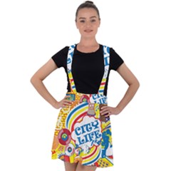 Colorful City Life Horizontal Seamless Pattern Urban City Velvet Suspender Skater Skirt