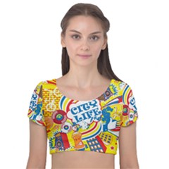 Colorful City Life Horizontal Seamless Pattern Urban City Velvet Short Sleeve Crop Top 