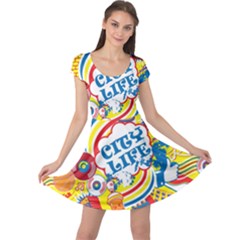 Colorful City Life Horizontal Seamless Pattern Urban City Cap Sleeve Dress