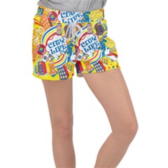 Colorful City Life Horizontal Seamless Pattern Urban City Women s Velour Lounge Shorts