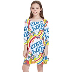 Colorful City Life Horizontal Seamless Pattern Urban City Kids  Quarter Sleeve Skater Dress