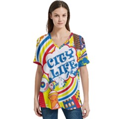 Colorful City Life Horizontal Seamless Pattern Urban City V-neck Split Shoulder Casual T-shirt