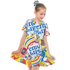 Colorful City Life Horizontal Seamless Pattern Urban City Kids  Short Sleeve Shirt Dress