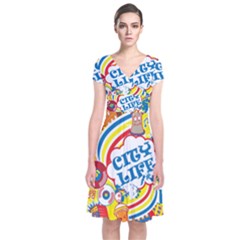 Colorful City Life Horizontal Seamless Pattern Urban City Short Sleeve Front Wrap Dress