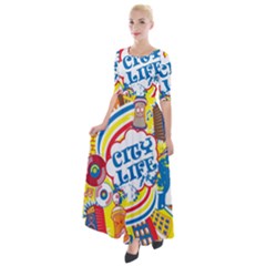 Colorful City Life Horizontal Seamless Pattern Urban City Half Sleeves Maxi Dress