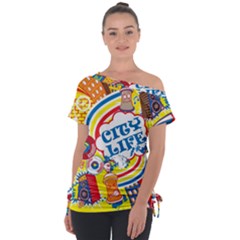 Colorful City Life Horizontal Seamless Pattern Urban City Off Shoulder Tie-up T-shirt