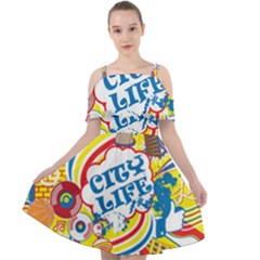 Colorful City Life Horizontal Seamless Pattern Urban City Cut Out Shoulders Dress