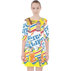 Colorful City Life Horizontal Seamless Pattern Urban City Quarter Sleeve Pocket Dress