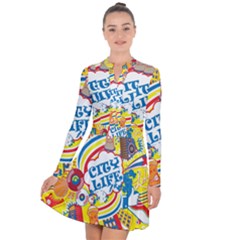 Colorful City Life Horizontal Seamless Pattern Urban City Long Sleeve Panel Dress