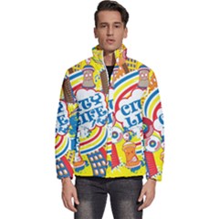 Colorful City Life Horizontal Seamless Pattern Urban City Men s Puffer Bubble Jacket Coat