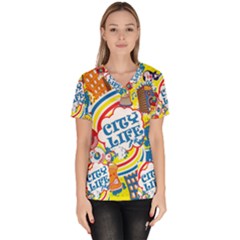 Colorful City Life Horizontal Seamless Pattern Urban City Women s V-neck Scrub Top