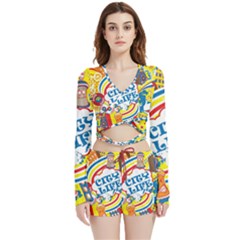 Colorful City Life Horizontal Seamless Pattern Urban City Velvet Wrap Crop Top And Shorts Set