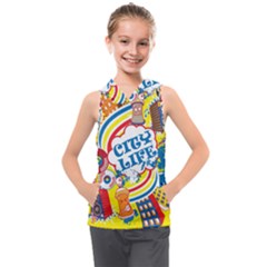 Colorful City Life Horizontal Seamless Pattern Urban City Kids  Sleeveless Hoodie