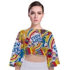 Colorful City Life Horizontal Seamless Pattern Urban City Tie Back Butterfly Sleeve Chiffon Top