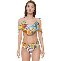 Colorful City Life Horizontal Seamless Pattern Urban City Ruffle Edge Tie Up Bikini Set	