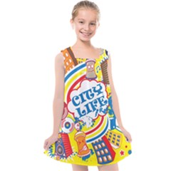 Colorful City Life Horizontal Seamless Pattern Urban City Kids  Cross Back Dress