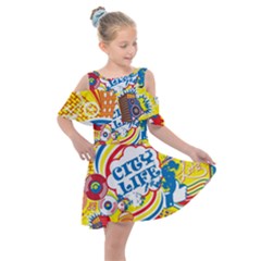 Colorful City Life Horizontal Seamless Pattern Urban City Kids  Shoulder Cutout Chiffon Dress