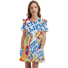 Colorful City Life Horizontal Seamless Pattern Urban City Kids  Frilly Sleeves Pocket Dress