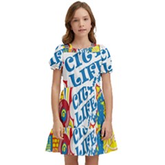 Colorful City Life Horizontal Seamless Pattern Urban City Kids  Puff Sleeved Dress