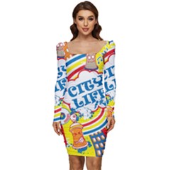 Colorful City Life Horizontal Seamless Pattern Urban City Women Long Sleeve Ruched Stretch Jersey Dress