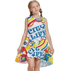 Colorful City Life Horizontal Seamless Pattern Urban City Kids  Frill Swing Dress