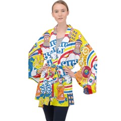 Colorful City Life Horizontal Seamless Pattern Urban City Long Sleeve Velvet Kimono 