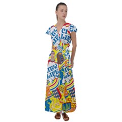 Colorful City Life Horizontal Seamless Pattern Urban City Flutter Sleeve Maxi Dress