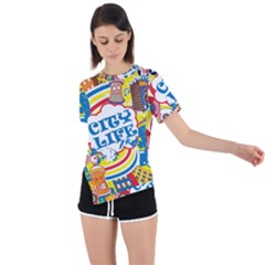 Colorful City Life Horizontal Seamless Pattern Urban City Asymmetrical Short Sleeve Sports T-shirt