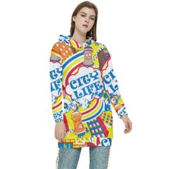 Colorful City Life Horizontal Seamless Pattern Urban City Women s Long Oversized Pullover Hoodie