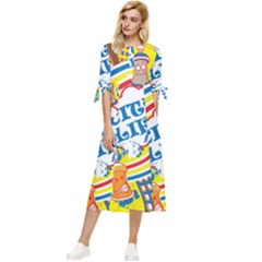 Colorful City Life Horizontal Seamless Pattern Urban City Bow Sleeve Chiffon Midi Dress