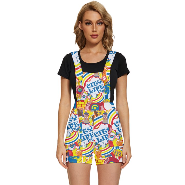 Colorful City Life Horizontal Seamless Pattern Urban City Short Overalls