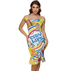 Colorful City Life Horizontal Seamless Pattern Urban City Off Shoulder Ruffle Split Hem Bodycon Dress