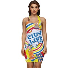 Colorful City Life Horizontal Seamless Pattern Urban City Sleeveless Wide Square Neckline Ruched Bodycon Dress