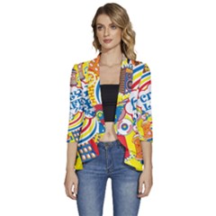 Colorful City Life Horizontal Seamless Pattern Urban City Women s 3/4 Sleeve Ruffle Edge Open Front Jacket