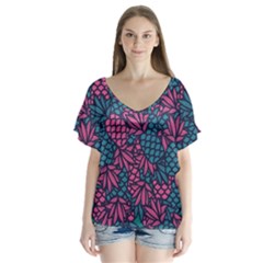 Summer Pineapples V-neck Flutter Sleeve Top