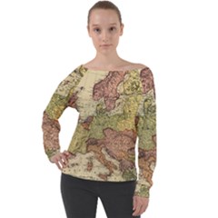 Retro Old Vintage Map Of Europe Off Shoulder Long Sleeve Velour Top