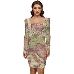 Retro Old Vintage Map Of Europe Women Long Sleeve Ruched Stretch Jersey Dress