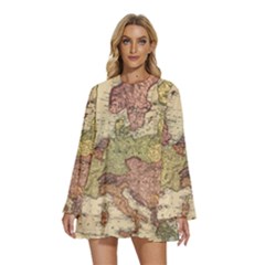 Retro Old Vintage Map Of Europe Round Neck Long Sleeve Bohemian Style Chiffon Mini Dress