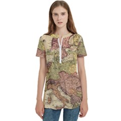 Retro Old Vintage Map Of Europe Women s Zip Front V-neck Short Sleeve Casual Top Pocket Shirt