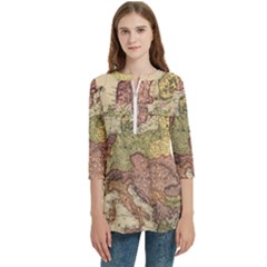 Retro Old Vintage Map Of Europe Women s Zip Front V-neck 3/4 Sleeve Casual Top Pocket Shirt