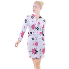  Minimalist Pattern With Simple Lines,flower And Shapes, Creating A Clean And Modern Button Long Sleeve Dress