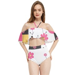  Minimalist Pattern With Simple Lines,flower And Shapes, Creating A Clean And Modern Halter Flowy Bikini Set  by myclothy