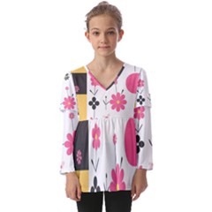  Minimalist Pattern With Simple Lines,flower And Shapes, Creating A Clean And Modern Kids  V Neck Casual Top