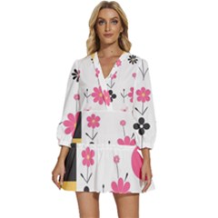  Minimalist Pattern With Simple Lines,flower And Shapes, Creating A Clean And Modern V-neck Placket Mini Dress