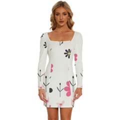  Minimalist Pattern With Simple Lines,flower And Shapes, Creating A Clean And Modern Long Sleeve Square Neck Bodycon Velvet Dress