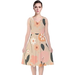 Minimalist Pattern With Simple Lines,flower And Shapes, Creating A Clean And Modern V-neck Midi Sleeveless Dress 