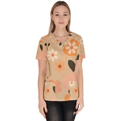 Minimalist Pattern With Simple Lines,flower And Shapes, Creating A Clean And Modern Women s V-neck Scrub Top