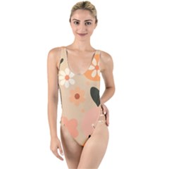 Minimalist Pattern With Simple Lines,flower And Shapes, Creating A Clean And Modern High Leg Strappy Swimsuit by myclothy